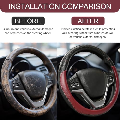 Car Steering Wheel Cover, Durable Leather Cover with Anti-Slip Lining, Microfiber PU Leather Elastic Steering Wheel Protector, Comfortable Non-Slip Steering Wheel Covers for Autos (Wine Red) - color: Wine Red