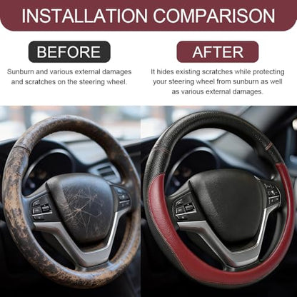 Car Steering Wheel Cover, Durable Leather Cover with Anti-Slip Lining, Microfiber PU Leather Elastic Steering Wheel Protector, Comfortable Non-Slip Steering Wheel Covers for Autos (Wine Red) - color: Wine Red
