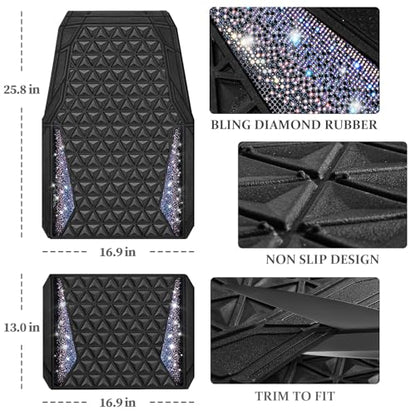 CAR PASS Dazzle Colour Change Car Mats Diamond Floor Mats Full Set Anti-Slip 3D Rhombus Waterproof Universal Trim Fit Liner Glitter Crystal Sparkly Shining Rhinestone Girl Women SUV Sedan Van Colorful - color: Bedazzed Diamond