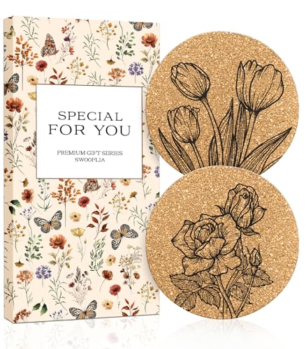 Swooflia Car Coasters for Women - Flower Cork Car Cupholder Coaster Cool Absorbent Mat Coaster with Cork Base 2 Pack Automotive Cup Holder Accessories New Driver Gifts for Decor - color: Flower