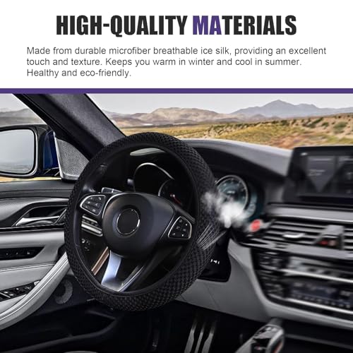 Steering Wheel Cover, Ice Silk & Microfiber 3D Massage Mesh Car Steering Wheel Cover, Breathable Anti-Slip Easy Grip Wheel Protector 14.5"-15", Universal for Most Cars (Black) - color: Black