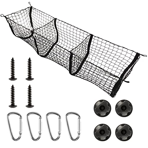 Heavy Duty Mesh Cargo Net, 3 Pocket Trunk Bed Storage Organizer Compatible for SUV, Car, Pickup Truck Bed, Etc.with 4 Metal Hooks (11.8×11.8×47.3 Inch), Black