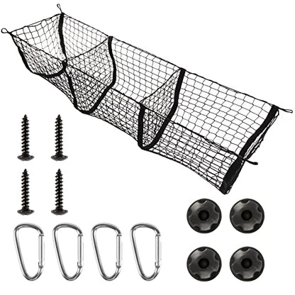 Heavy Duty Mesh Cargo Net, 3 Pocket Trunk Bed Storage Organizer Compatible for SUV, Car, Pickup Truck Bed, Etc.with 4 Metal Hooks (11.8×11.8×47.3 Inch), Black