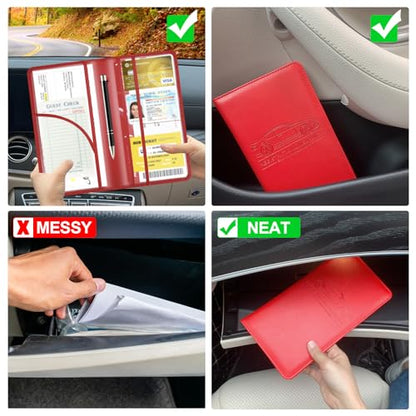 Car Registration and Insurance Card Holder, Leather License Document Red Glove Box Compartment Organizer, Car Wallet Case for Essential Info, License Cards, ID Card - color: Red