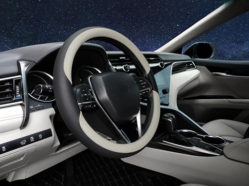 Steering Wheel Cover Universal Standard Size 14.5-15 inch, Non-Folding Packaging, Microfiber Leather, Anti-Slip, Soft Grip, Fits Most Cars SUVs Trucks, Black and Light Creamy White - color: Black and Light Creamy White