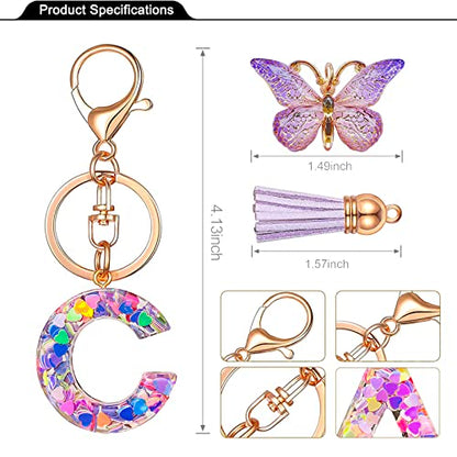 JINGUAZI Initial letter Keychains for Women Tassel Butterfly Pink Purple Cute Car Keychain for Wallet Backpack bag charm - color: C-purple