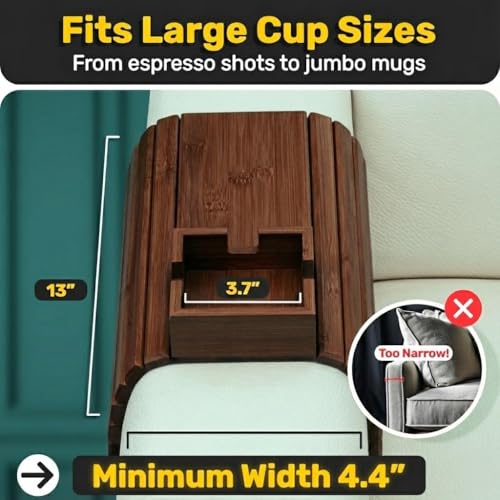 Bamboo Couch Holder - Non-Slip Furniture Protector, Sofa Armrest Table for Mugs & Tumblers – Weighted 16” Large Brown Bamboo Holder for Recliners and Loveseats - color: Brown