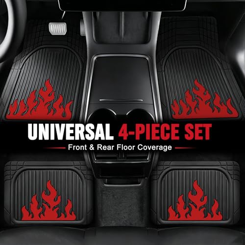 Heavy Duty Rubber Car Mats Flame Design (Inferno Red), 4-Piece Deep Waterproof Floor Mats Set (Front & Rear Full Set), All Weather Universal Trim to Fit Automotive SUV Sedan Truck - color: Inferno Red, size: Flame
