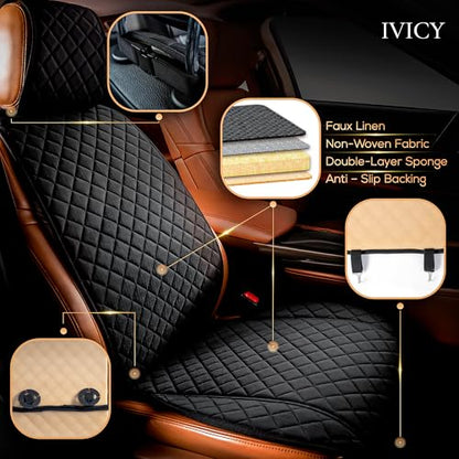 IVICY Faux Linen Front Car Seat Cover – Non-Slip Bucket Seat Protector for Most Cars, SUVs, Vans & Trucks – 1 Seat Cover, Machine Washable, Side-Airbag Friendly, Black - color: BLACK HYB LN