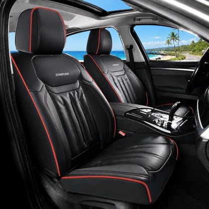 Coverado Car Seat Covers, Nappa Leather Waterproof Seat Cover, Car Seat Protector, Automotive Seat Covers Universal Fit for Most Cars, (Front, Black&Red Line)