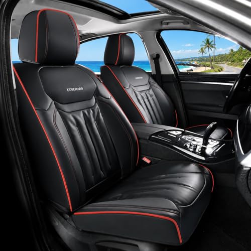 Coverado Car Seat Covers, Nappa Leather Waterproof Seat Cover, Car Seat Protector, Automotive Seat Covers Universal Fit for Most Cars, (Front, Black&Red Line) - color: Black&Red Line, size: Front