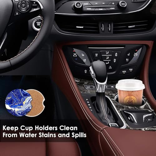 Car Coasters for Drinks Absorbent, 2 Pack Cup Holders, 2.56" Ceramic Stone & Non-Scratch Cork Base Coasters Cupholder, Auto Accessories for Women & Men, Blue Marble Gold Natural Luxury