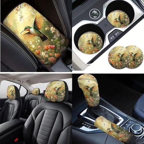 16 Pieces Car Seat Cover Sets for Women, Hummingbird Flower Print Car Front Rear Seat Cover Steering Wheel Cover Seat Belt Pads Arm Rest Cover Coaster, Universal Fit Car Interior Accessories - color: Yellow and Green - Hummingbird Flower