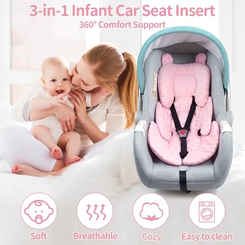 3in1 Reversible Carseat Head Body Support Newborn,3D Minnky Infant Car Seat Insert,Extra Soft Breathable Baby Car Seat Pillow Cushion Boys Girls,fit Stroller,Bouncer,Swing(Pink) - color: Pink