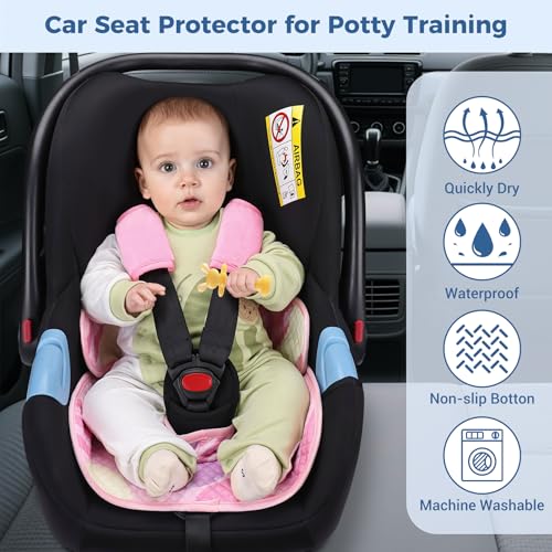 COOLBEBE Piddle Pads Car Seat Protector for Potty Training, 2 Pack Dry Waterproof Car Seat Liner Toilet Training & Strap Covers for Baby Toddler Kid, Car Seat Pad Cover for Strollers, Carseat (Pink)