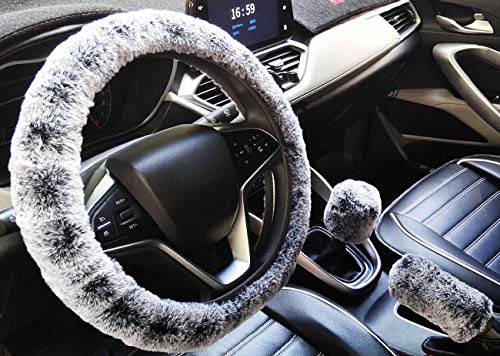 3Pcs/Set Fashion Faux Wool Fur Furry Steering Wheel Cover,Short Hair Soft Fluffy Handbrake Cover,Gear Shift Cover,Universal Thickening Fuzzy Warm Non-Slip Auto Interior (Manual,Black Grey) - color: black grey, size: Manual