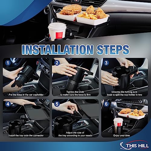 Cup Holder Tray for Car, 2 in 1 Detachable Car Food Table Tray with Solid Base & Phone Slot,Car Cup Holder Expander with 360°Rotation Tray for Travel Road Essentials