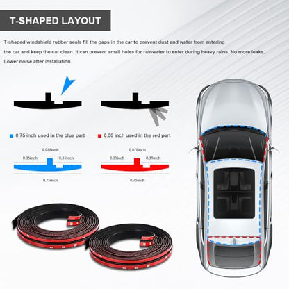 2 Pieces Windshield Rubber Seal Windshield Trim Stripping, Car Weather Stripping, Waterproof Rubber Edge Trim, 22 Ft T Shape Sealing Strip Universal for Car Front Rear Windshield