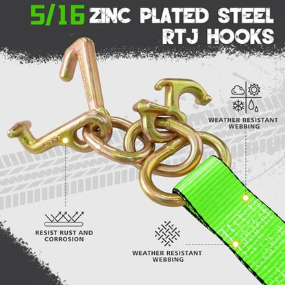4PCs 2" x12' Recovery Winch Strap w/RTJ Cluster Hook, 10000LBS Tow Truck Car Wrecker Winch Tie Down Straps, Heavy Duty Autohauler Car Tie Down Straps(Green) - size: 2"x12FT(4PCs)-Green