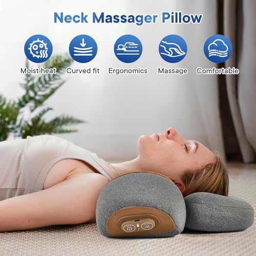 Electric Neck Massager Pillow for Pain Relief Deep Tissue, 3-in-1 Rechargeable Neck Cervical Traction Device with Heat, Massage, Electric Stretch, Ergonomic Neck Shoulder Relaxer