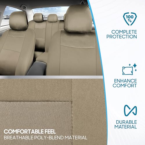 BDK OS-309-AB Tan Trim Black Car Seat Covers Full 9 Piece Set, Sleek & Stylish, Split Option Bench 5 Headrests Front & Rear Bench, Beige - color: Beige