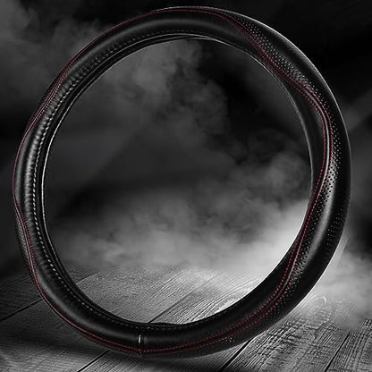 HAOKAY Top Grade Black Genuine Leather Steering Wheel Cover Women Men, Luxury Steering Wheel Cover for Cars, SUVS and Trucks, Universal 14.5-15 inch - color: BLACK/RED