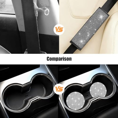 11PCS/Set Bling Car Accessories Set for Women, Rhinestone Vehicle Steering Wheel Cover Seat Belt Cushion Gear Shift Protector Cup Holder Coaster, Universal Automotive Accessories (White)