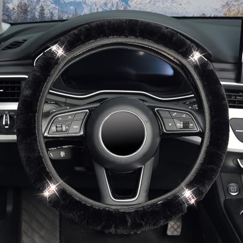 ZHOL Plush Steering Wheel Cover with Bling Bling Crystal Rhinestone, Universal 15 Inch Softy Fluffy Steering Wheel Cover for Women Girls, Anti-Slip, Winter Warm, Black - color: Diamond-set Black