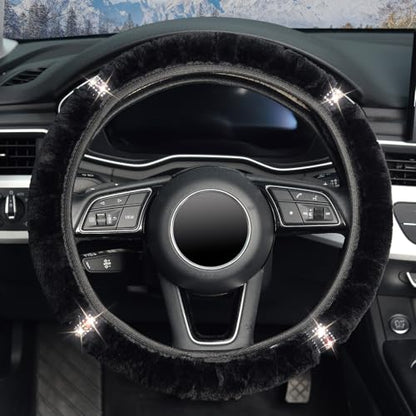 ZHOL Plush Steering Wheel Cover with Bling Bling Crystal Rhinestone, Universal 15 Inch Softy Fluffy Steering Wheel Cover for Women Girls, Anti-Slip, Winter Warm, Black - color: Diamond-set Black