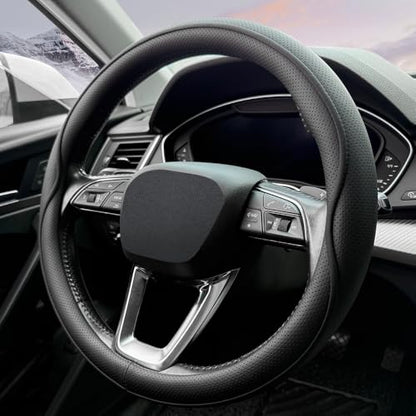 HAOTULE Leather Steering Wheel Cover， with Anti-Slip Stripe Design - Enhanced Grip, Fashion Style, Safe, Non-Slip, Breathable. Upgrade car Interior，Black - color: Black