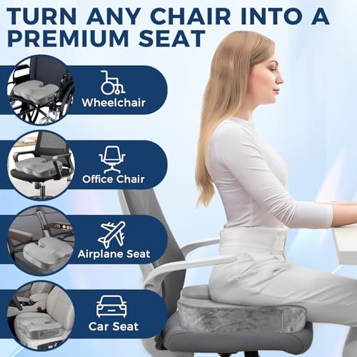 Gel Memory Foam Layer Wheelchair Cushion - Wheelchair Office Chair, Kitchen Chair, Car Seat - Pressure Pain and Tailbone Pain Relief - High Density Foam Base (Grey)