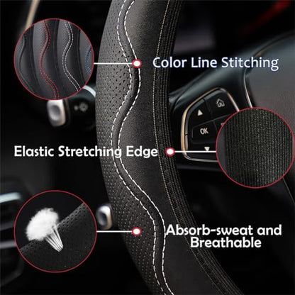 Elastic Stretch Steering Wheel Cover Universal 15 inch Steering Wheel Covers Soft Microfiber Leather Breathable Anti-Slip Durable Car Accessories Fit for Suvs, Vans, Trucks - White - color: White