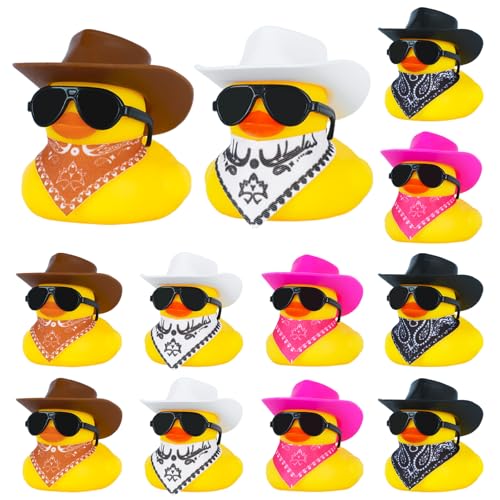 12pcs Cowboy Rubber Duck with Hat, Scarf & Sunglasses | Jeep Ducks for Ducking | Bath Toys | Birthday Pool Party Decorations | Cake Topper Gifts - color: Style3