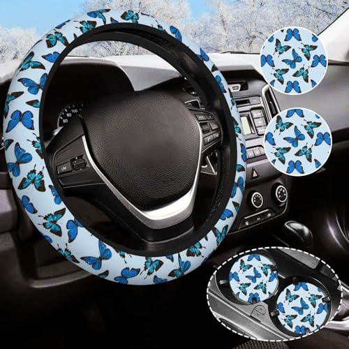 Blue Butterfly Steering Wheel Cover for Women Men with 2 Pcs Car Coasters, Universal 14.5-15 Inch Rainbow Steering Wheel Covers Non-Slip Car Accessories for Girls - color: pretty butterfly
