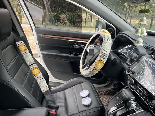 Handmade Crochet Sun Moon Car Steering Wheel Covers Universal 14-15 inch,Cute Steering Wheel Cover,Car Accessories (Wheel Cover+2belt Cover+2Coaster+Hanging) - color: wheel cover+2belt cover+2Coaster+hanging