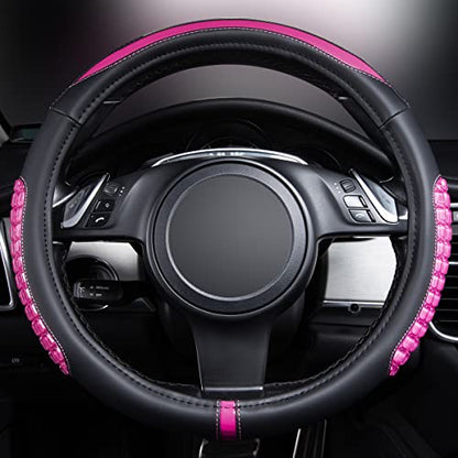Flying Banner car Steering Wheel Cover Gel Massage Velvet Cool Warm Universal Size 15 inches SUV Truck Anti Slip Odorless Summer Winter (Black Pink, Gel Massage) - color: Black Pink