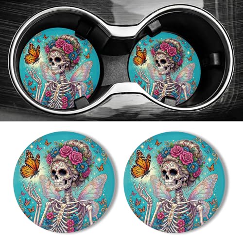 WOCOCN Car Coasters for Cup Holders - 2 Pack 2.75" Universal Rubber Car Cup Coaster, Non-Slip Waterproof Car Interior Accessories, Cute Car Decor Gifts for Women and Men (Butterfly Skull) - color: Butterfly Skull