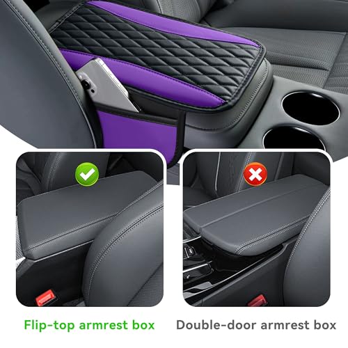 Patchwork Leather Car Center Console Cover,Microfiber Leather Vehicle Armrest Protector Cushion with 2 Storage Bags,Universal Cars Armrest Cushion for SUV, Sedan, Truck (Purple)