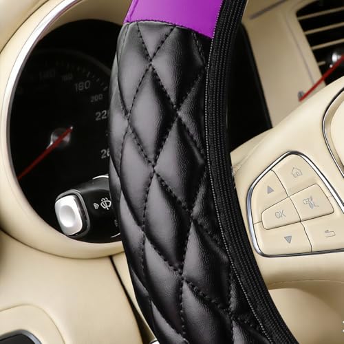 Car Accessories Set, 14.5-15" Leather Vehicle Steering Wheel Cover, Seat Belt Cushion, Gear Shift and Handbrake Cover, Center Console Protector, Universal for Truck SUV Van (Purple) - color: Purple