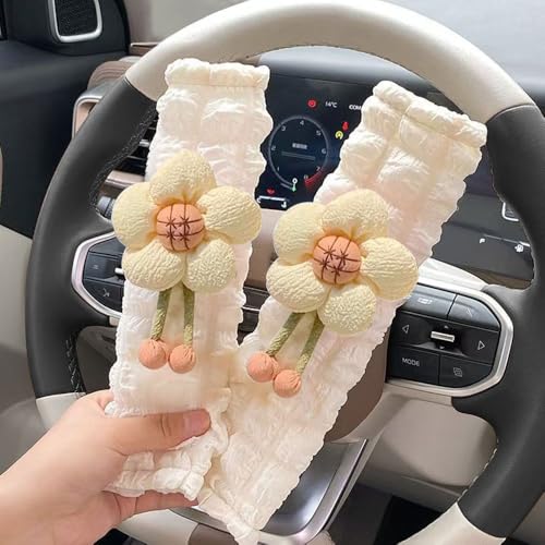 2 Pack Car Seat Belt Cover Pads, Soft Seat Belt Shoulder Pad with Petals, Cute Floral Car Seatbelt Covers Protector for Women Girls, Universal Fit for Cars (Light Yellow)