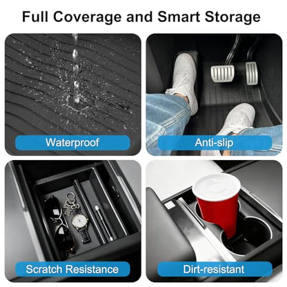 Weize 2025 2026 Tesla Model Y Juniper All Weather Cargo Liner Floor Mats 9 PCS & Double Layer Center Console Organizer 4 PCS, Full Coverage Tesla Interior Accessories Kit(Not for Standard) - style: Tesla Model Y Floor Mats & Console Organizer Combo 13PCS