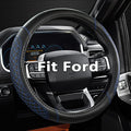 Car Steering Wheel Cover for Ford Escape,Explorer,Fusion,Focus,Bronco,Transit,Edge(Diamond Quilted - Black+Blue- Standard Size)