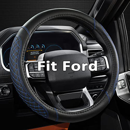 Car Steering Wheel Cover for Ford Escape,Explorer,Fusion,Focus,Bronco,Transit,Edge(Diamond Quilted - Black+Blue- Standard Size)