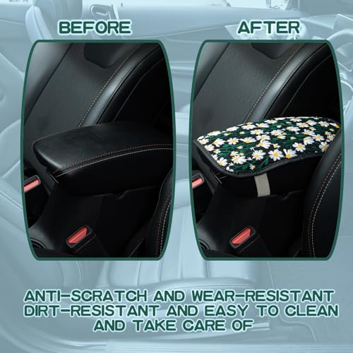 Embroidered Flowers Black Cute Daisy Car Armrest Storage Box Mat,Embroidered Car Center Console Cover, Car Armrest Seat Box Cover Accessories Interior Protection for Most Vehicle, SUV, Truck, Car