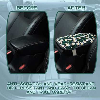 Embroidered Flowers Black Cute Daisy Car Armrest Storage Box Mat,Embroidered Car Center Console Cover, Car Armrest Seat Box Cover Accessories Interior Protection for Most Vehicle, SUV, Truck, Car
