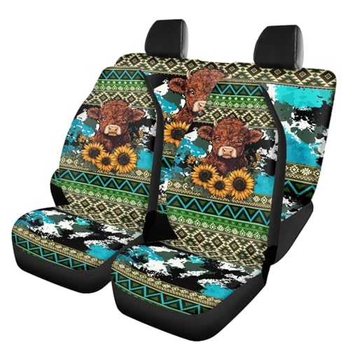 Howilath Aztec Sunflower Highland Cow Car Seat Cover Full Set 4-Piece Universal Fit Front & Rear Bench Car Seat Covers Auto Accessories Fit SUV Sedan Van - color: Aztec Sunflower Highland Cow