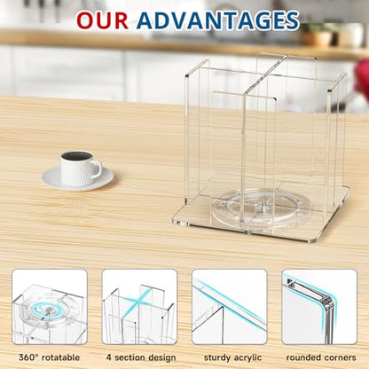 KOTEMON Cup and Lid Holder, 4 Compartment, Square | Rotating Coffee Cup Dispenser Lid Carousel for Restaurant, Buffet, Coffee Station, Bar, Countertop, Clear Acrylic - color: Clear