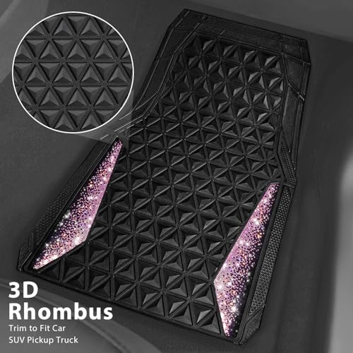 CAR PASS Bling Rubber Car Mats Diamond Floor Mats Full Set Anti-Slip 3D Rhombus Waterproof Universal Trim to Fit Liner Glitter Crystal Sparkly Shining Rhinestone Girl Women SUV Sedan Van, Black Pink - color: Pink Diamond