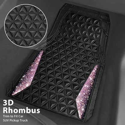 CAR PASS Bling Rubber Car Mats Diamond Floor Mats Full Set Anti-Slip 3D Rhombus Waterproof Universal Trim to Fit Liner Glitter Crystal Sparkly Shining Rhinestone Girl Women SUV Sedan Van, Black Pink - color: Pink Diamond