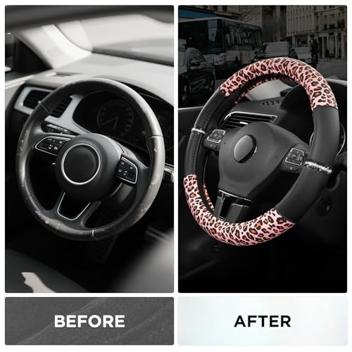 Road Comforts Leopard Steering Wheel Cover for Women, Cute Anti-Slip Microfiber Leather, Fits 14.5-15 Inch Steering Wheel 14.5-15 Inch - Black and Pink Cheetah - color: Round-Black&Pink Leapord